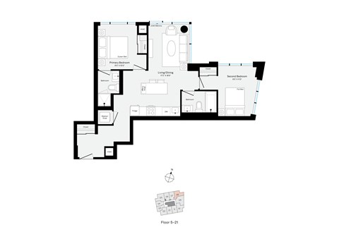 Floor plan for 2 beds, 2 baths, 780 sqft